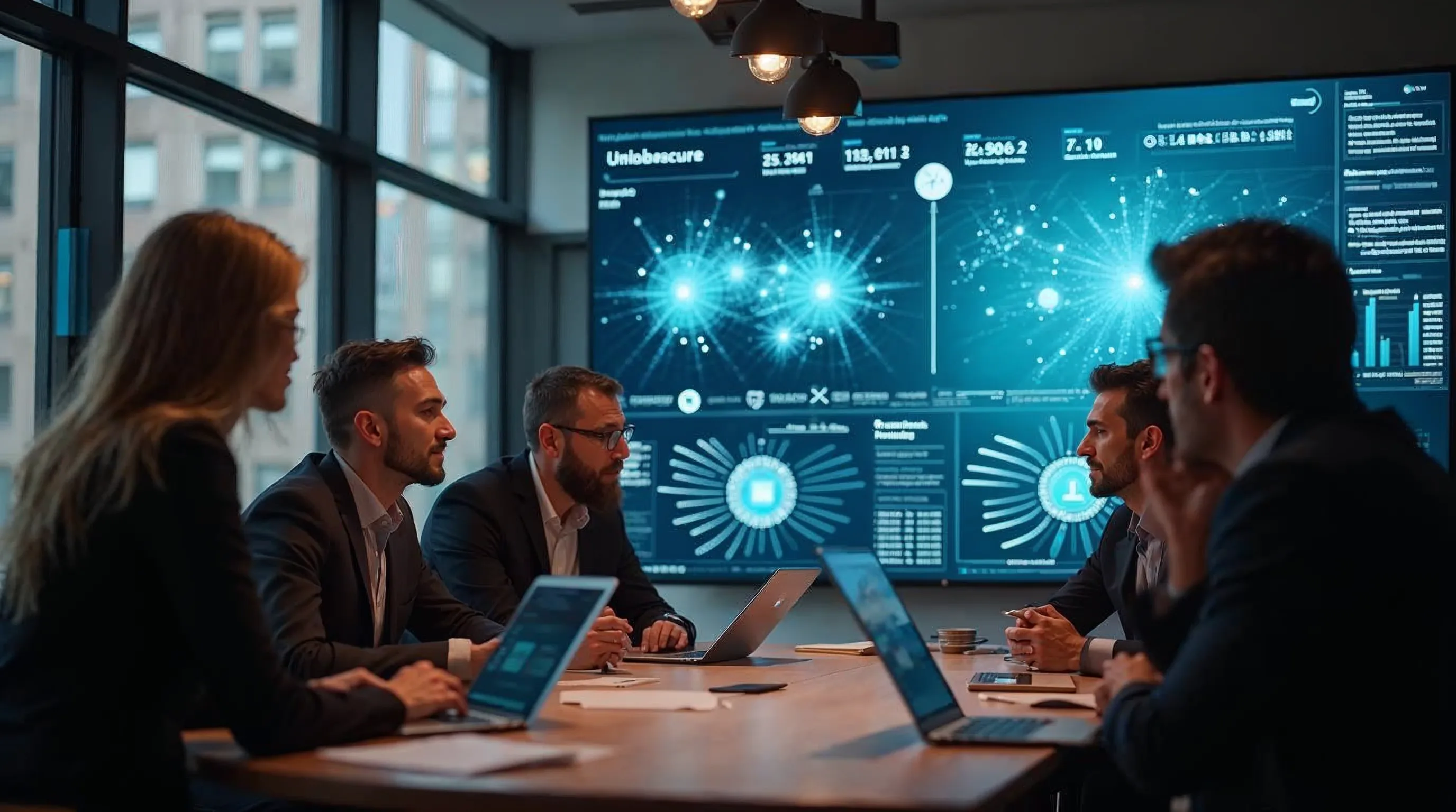 Team av cybersäkerhetsexperter analyserar AI-säkerhet på en stor skärm