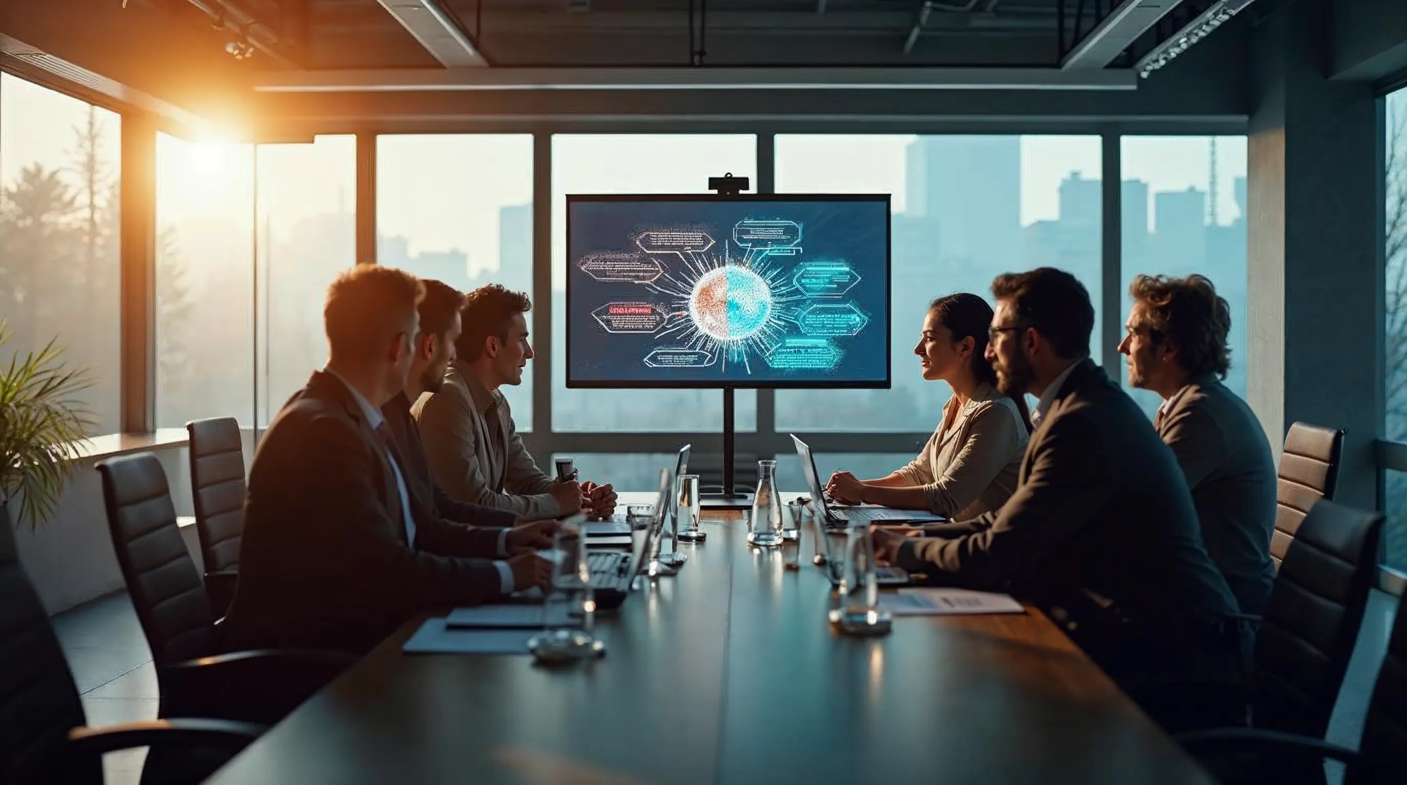 Ledningsgrupp diskuterar AI-policy och styrning runt ett konferensbord
