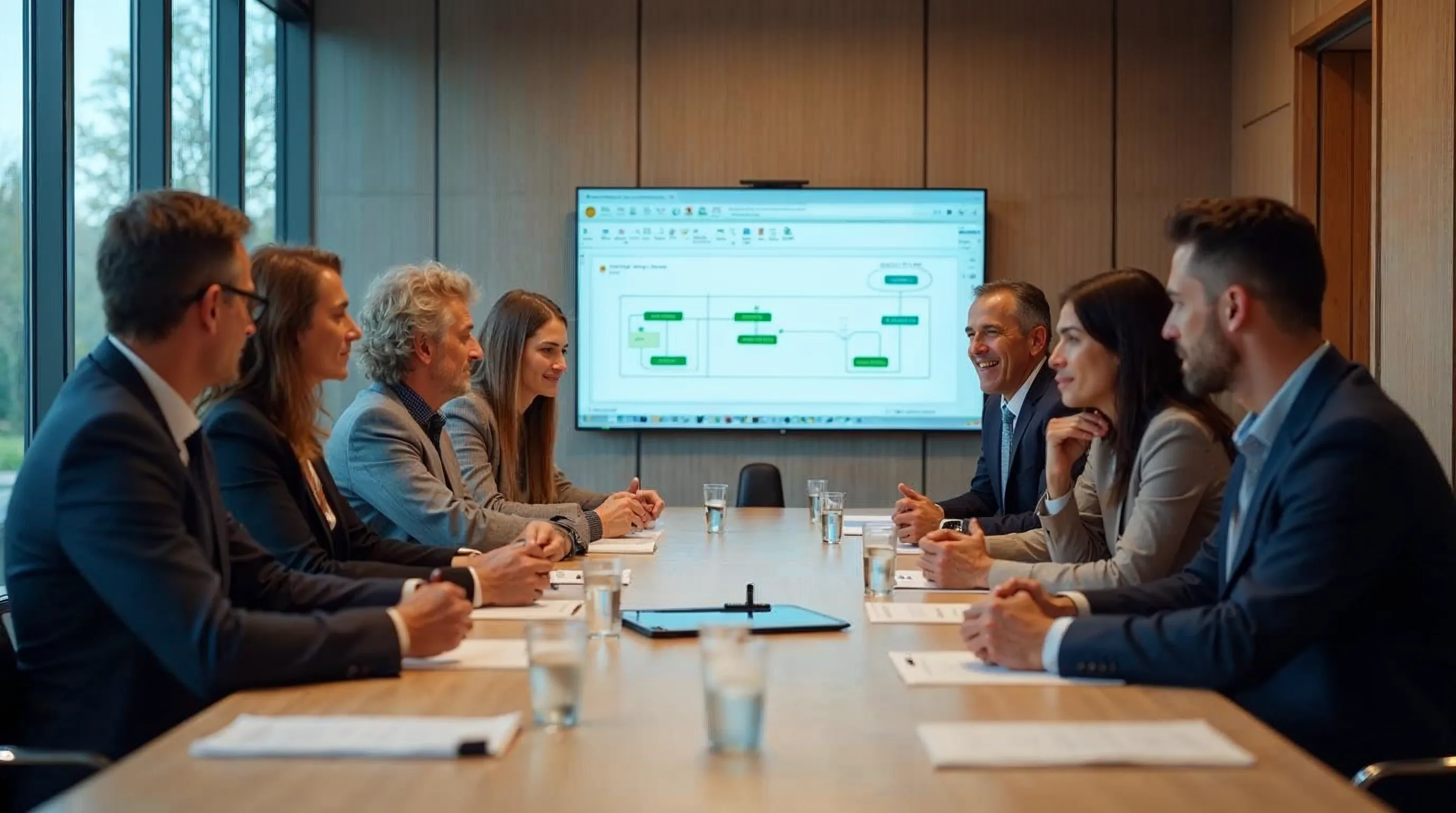 Ledningsgrupp diskuterar katastrofåterställning och styrning i ett modernt mötesrum